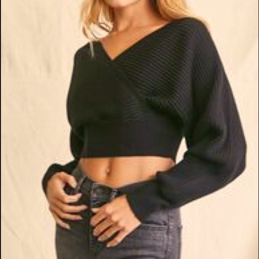 Black Ribbed Surplice Sweater